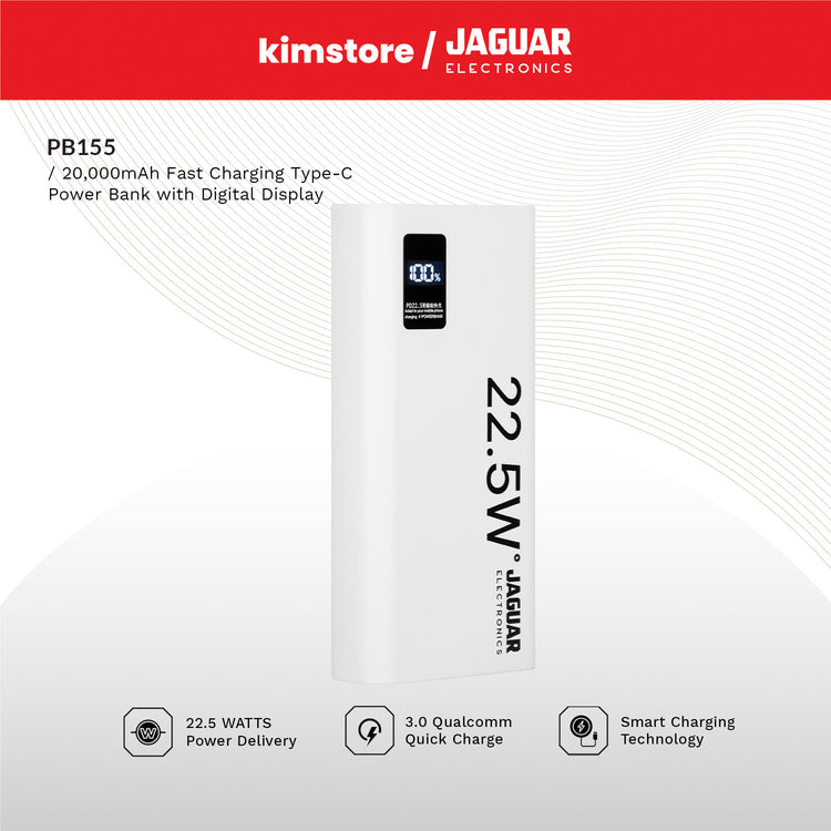 jaguar electronics pb155 v2 20000mah power bank digital display 22.5w pd/qc 3.0 fast charging type c white