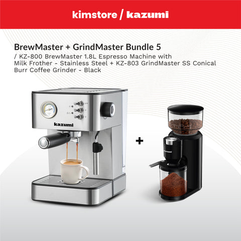 BUNDLE: Kazumi BrewMaster Espresso Machine with Milk Frother + Kazumi GrindMaster Coffee Grinder