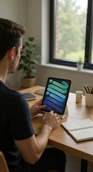 Person using a tablet at a desk with a window and plant in the background