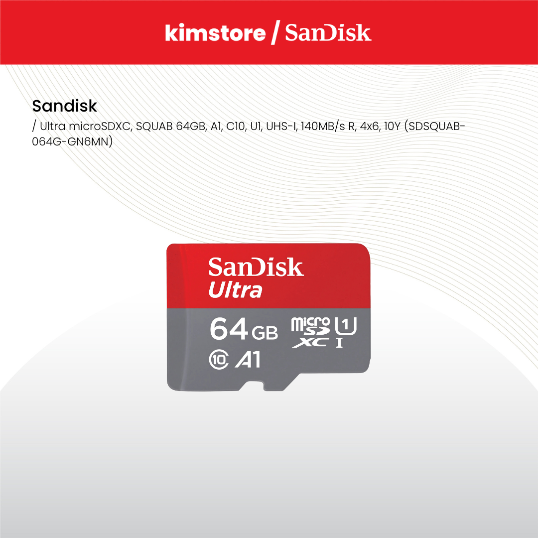 sandisk ultra microsdxc squab 64gb a1 c10 u1 uhs i 140mbs r 4x6 10y sdsquab 064g gn6mn