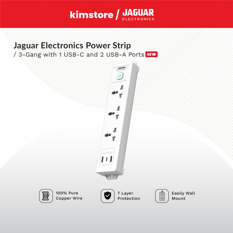 jaguar electronics ps 312gca power strip 3 gang with 1 usb c and 2 usb a ports   white