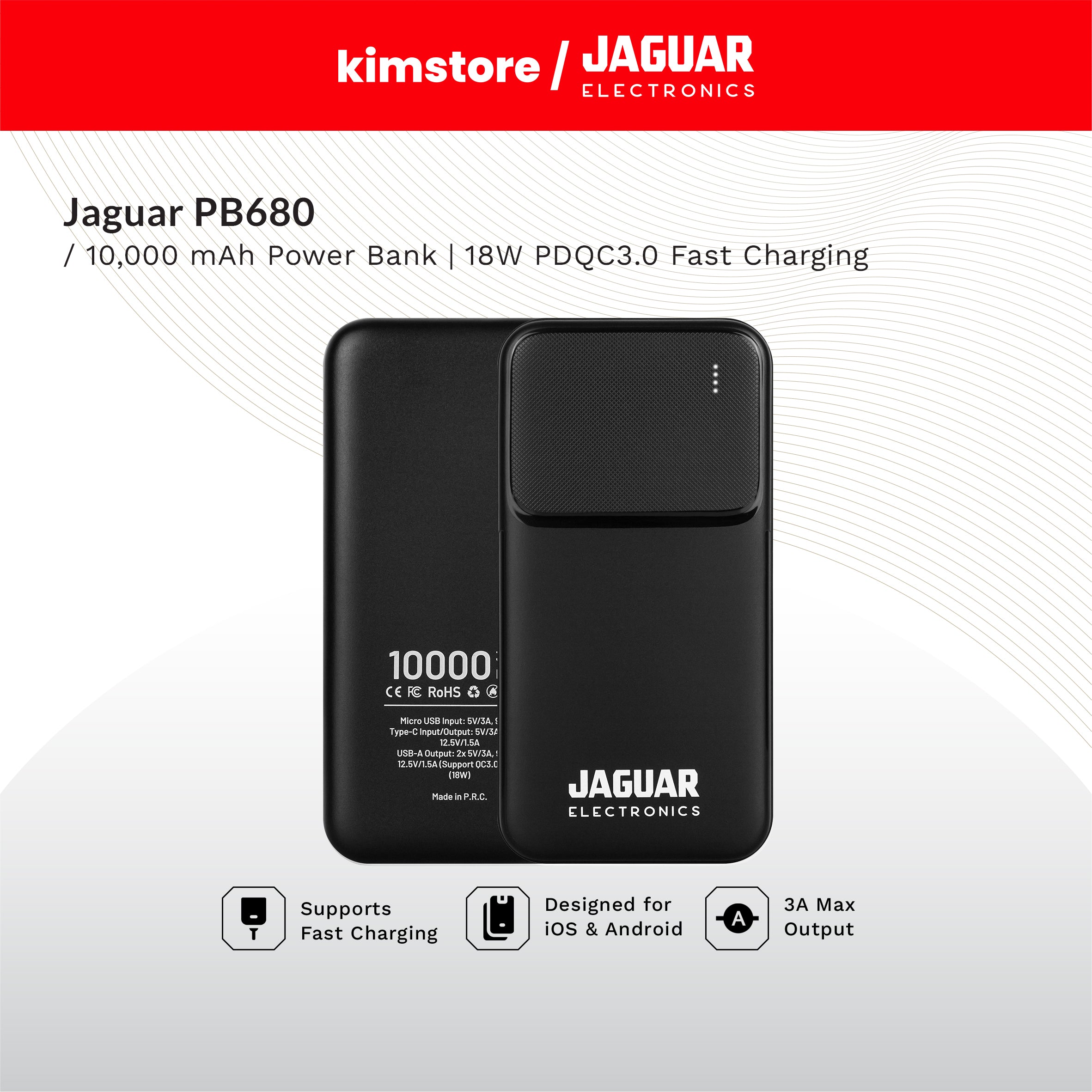 [Open Box] Jaguar Electronics PB680 V2 10000mAh Power Bank 18W PD/QC 3.0 Fast Charging Type-C