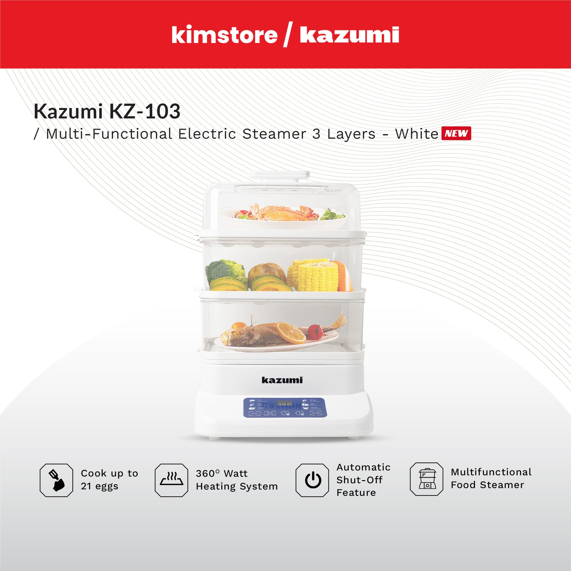 kazumi kz 103 multi functional electric steamer 3 layers 800w white