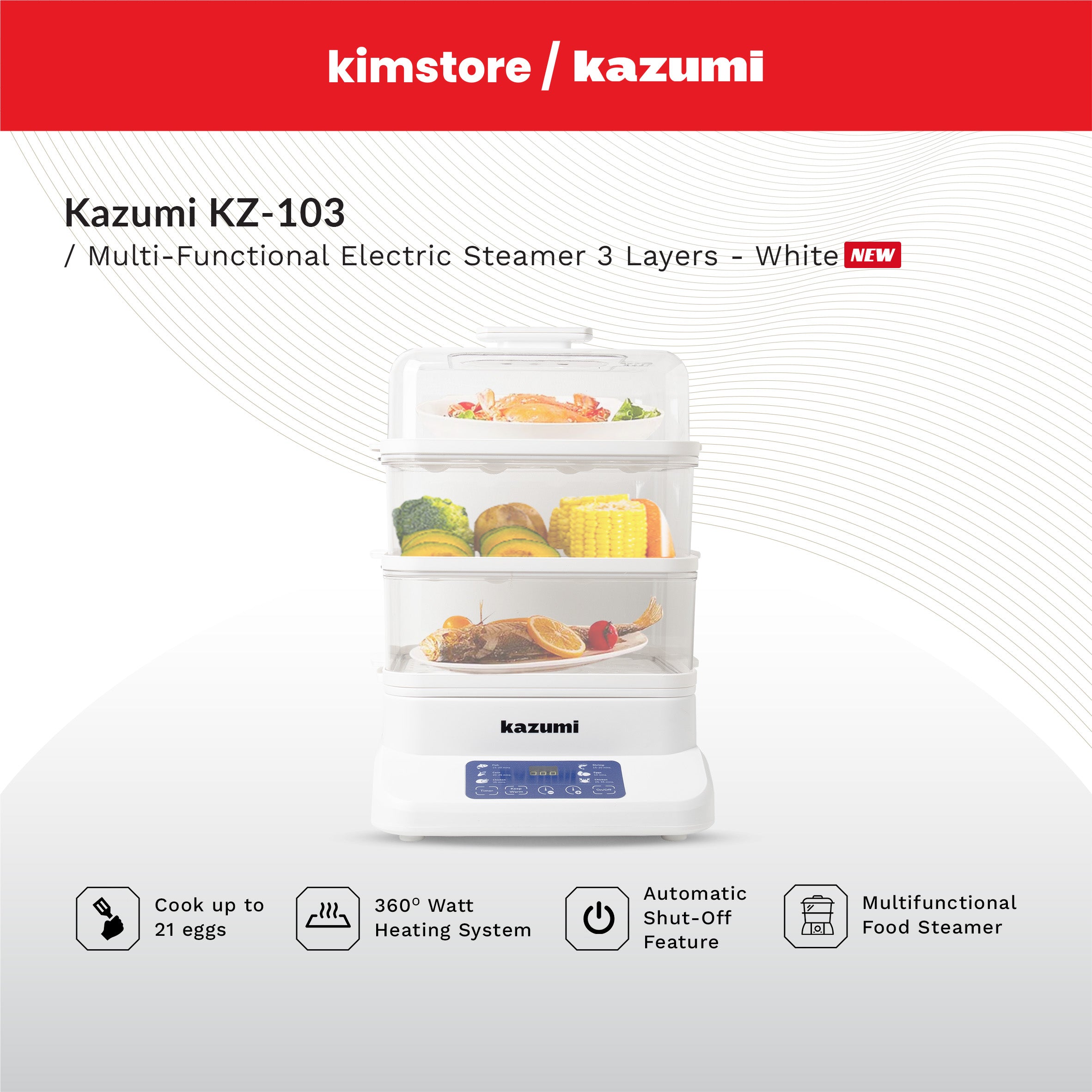 kazumi kz 103 multi functional electric steamer 3 layers 800w white