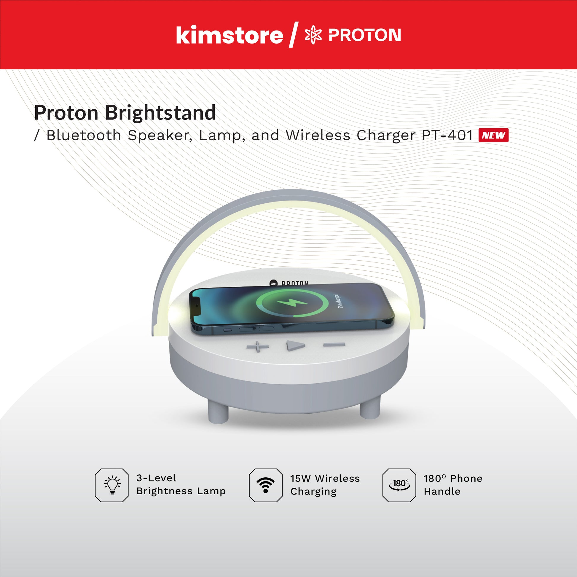proton brightstand bluetooth speaker, lamp and 15w wireless charger pt 401 white