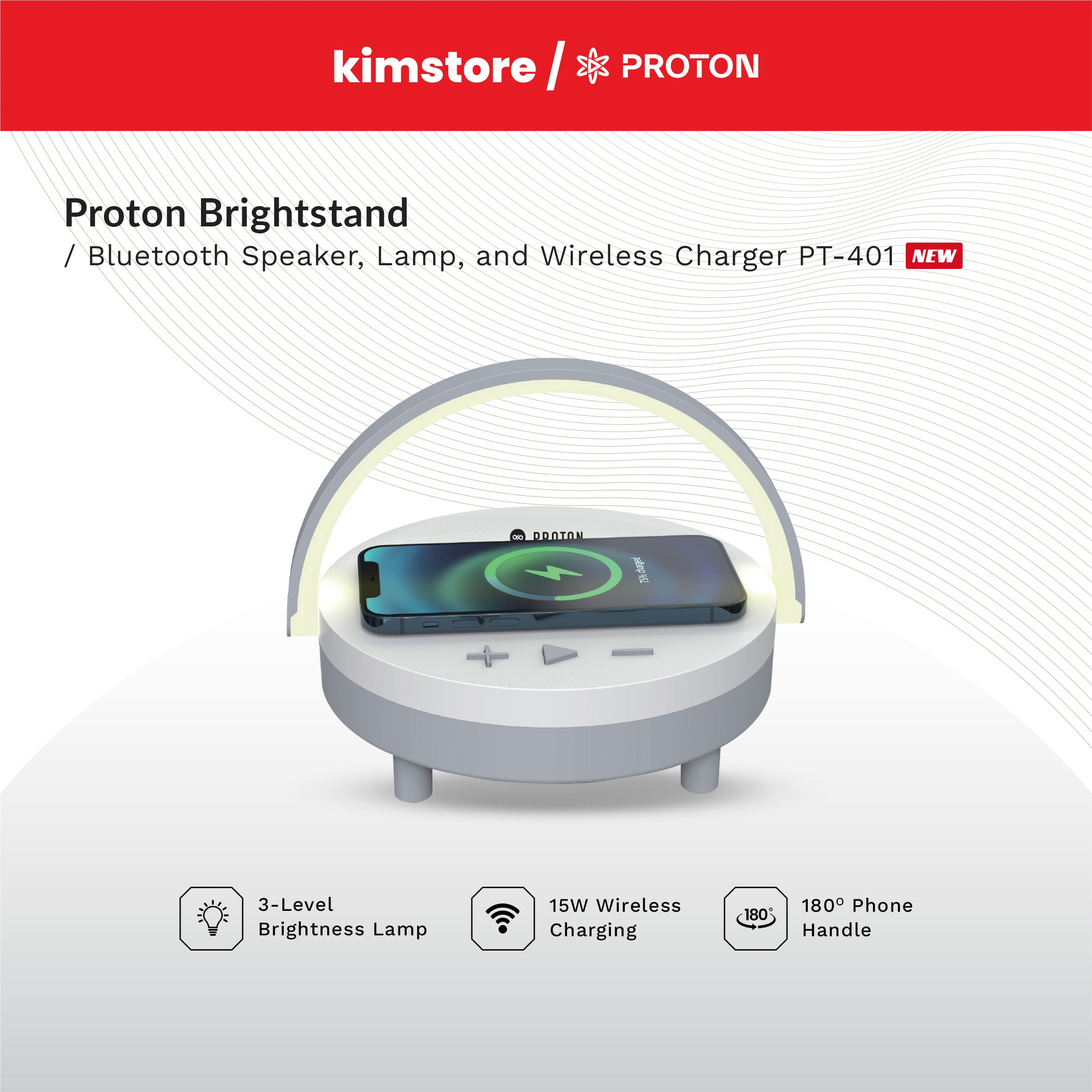 Proton Brightstand Bluetooth Speaker, Lamp and 15W Wireless Charger PT-401