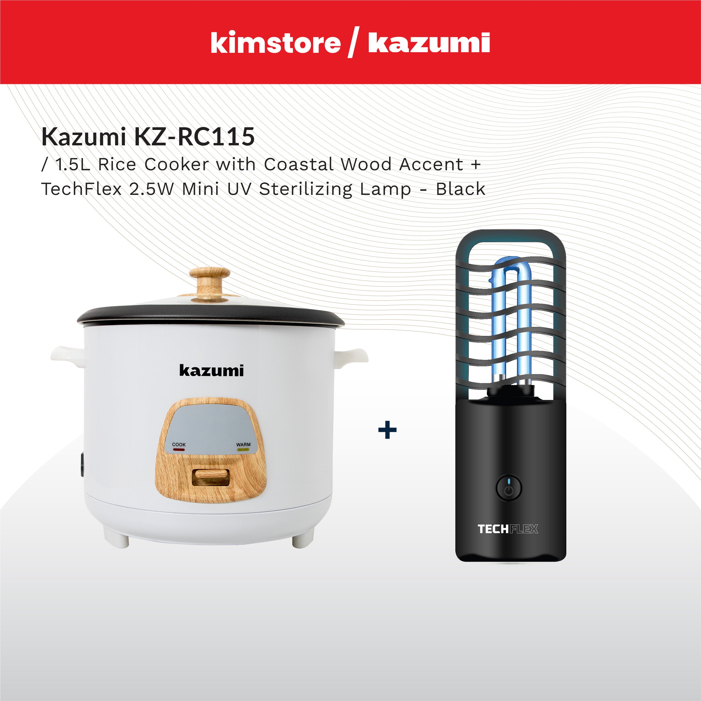 BUNDLE: Kazumi KZ-RC115 1.5L Rice Cooker + TechFlex 2.5W Mini UV Sterilizing Lamp (Black)