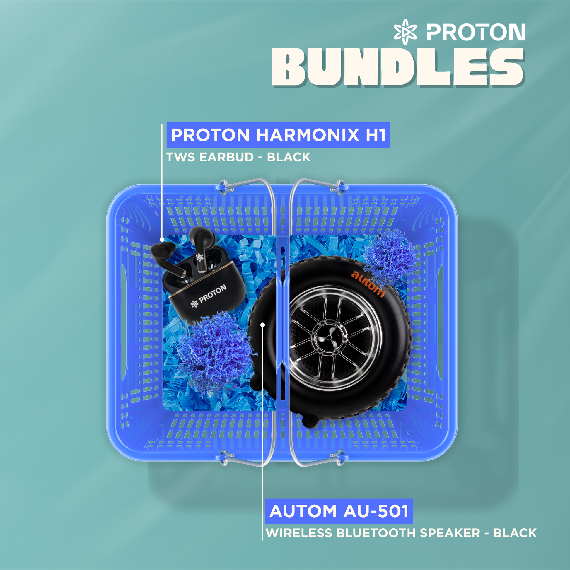 [bundle] autom au 501 wireless bluetooth speaker black + proton harmonix h1 tws earbuds black