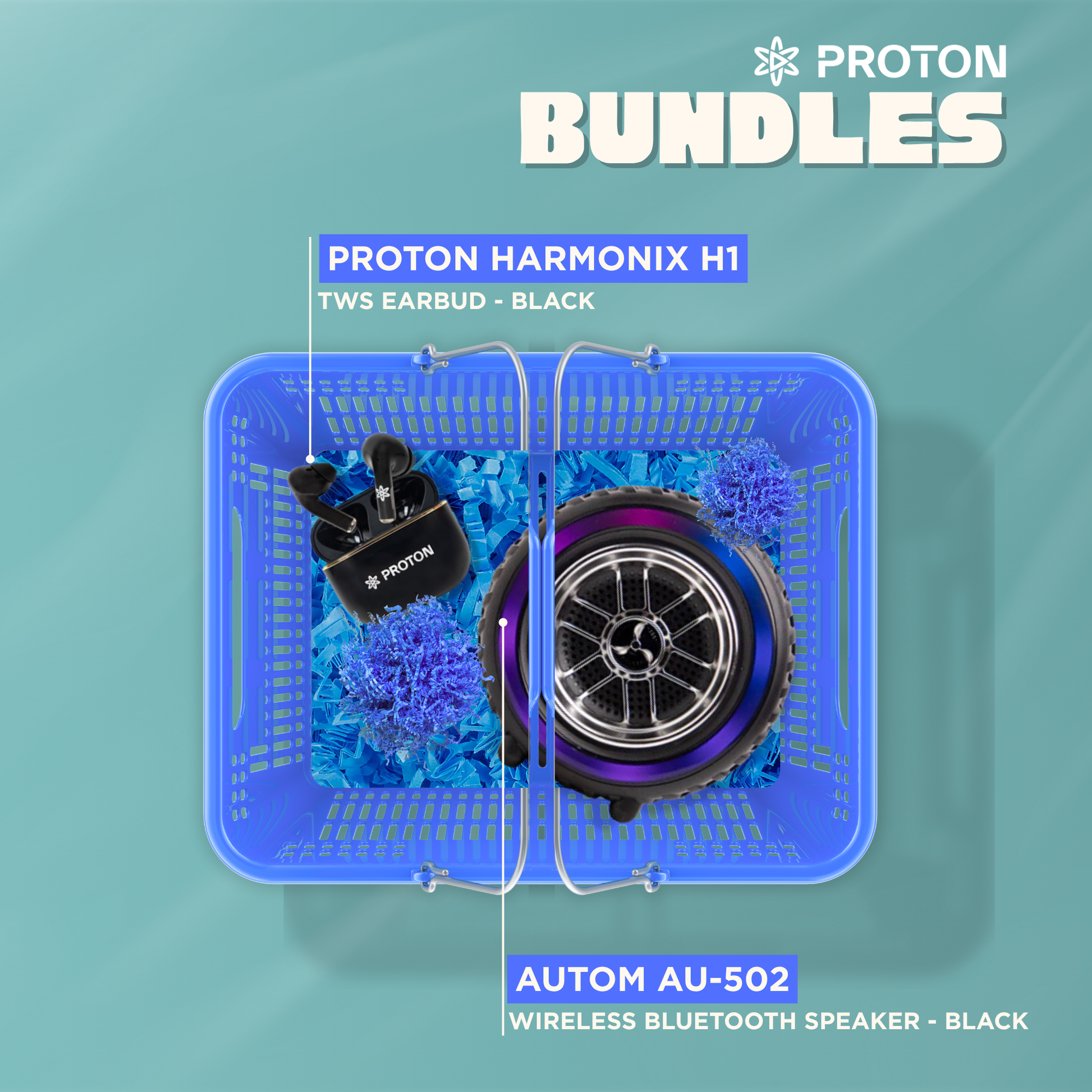 [bundle] autom au 502 wireless bluetooth speaker black + proton harmonix h1 tws earbuds black