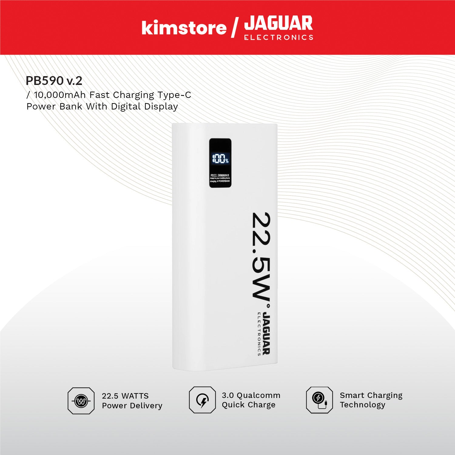 jaguar electronics pb590 v2 10000mah power bank digital display 22.5w pd/qc 3.0 fast charging type c white