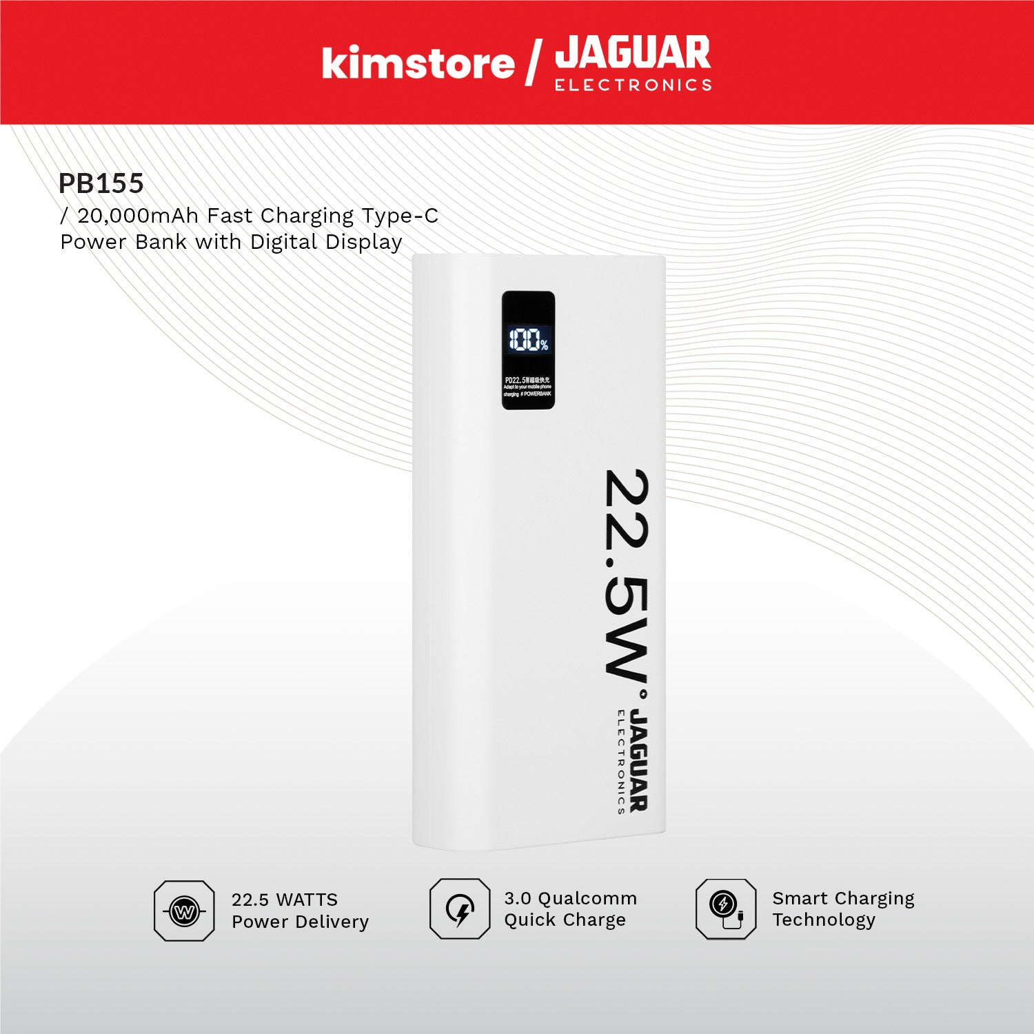 jaguar electronics pb155 v2 20000mah power bank digital display 22.5w pd/qc 3.0 fast charging type c white