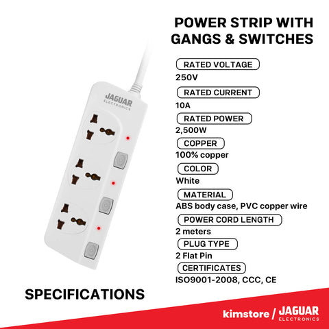 Jaguar Electronics Power Strip 3-Gang with 3 Switches