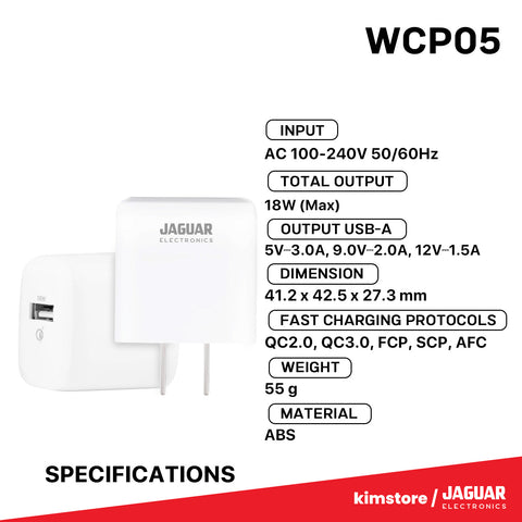 Jaguar Electronics WCP05 Wall Charger 18W Quick Charge USB-A Port