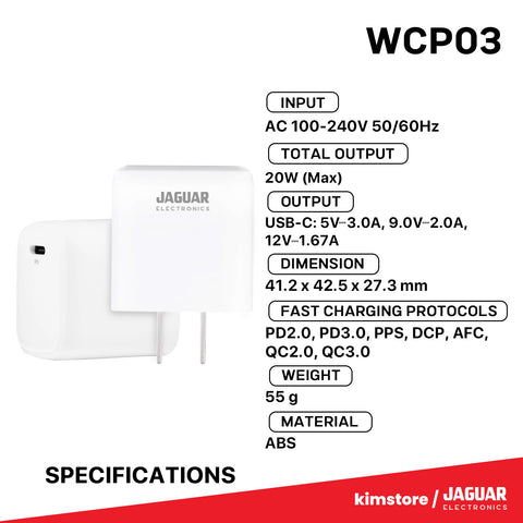 Jaguar Electronics WCP03 Wall Charger 20W Quick Charge Type-C Port