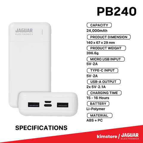 Jaguar Electronics PB240 24000mAh Power Bank Dual USB Output