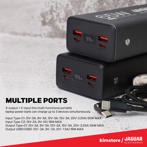 Jaguar Electronics PM188 Laptop Power Bank (Black) + Pouch Bag and 100W USB-C to USB-C Cable
