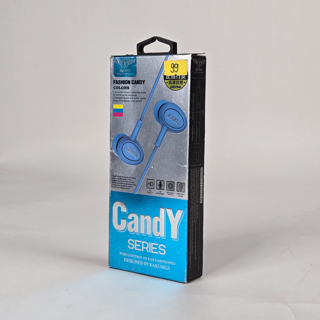 kaku fashion candy series wired control earphones blue