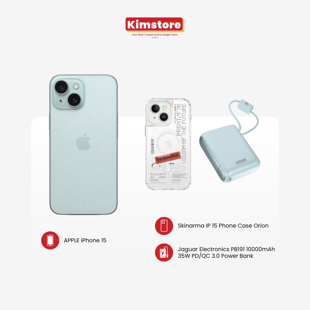 iPhone 15 + Skinarma Case + Jaguar Electronics Powerbank Bundle