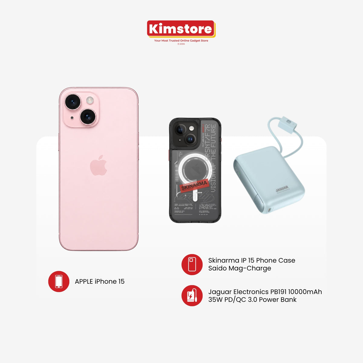 iPhone 15 + Skinarma Case + Jaguar Electronics Powerbank Bundle