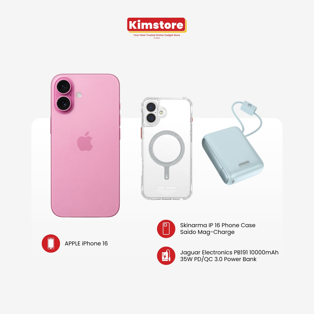 iPhone 16 + Skinarma Case + Jaguar Electronics Powerbank Bundle