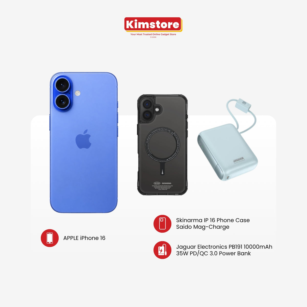 iPhone 16 + Skinarma Case + Jaguar Electronics Powerbank Bundle