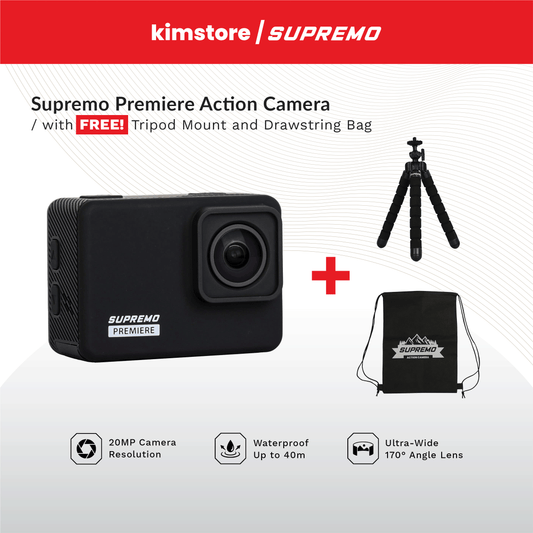 BUNDLE: Supremo Premiere Action Camera + SUPREMO Premiere Tripod Mount (Black) + SUPREMO Premiere Drawstring Bag (Black)