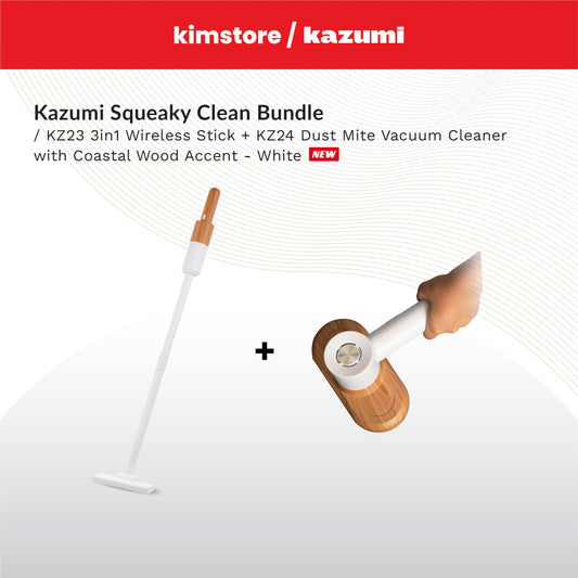BUNDLE: Kazumi KZ23 3 in 1 Wireless Stick Vacuum Cleaner with Coastal Wood Accent + Kazumi KZ24 Dust Mite Vacuum Cleaner with Coastal Wood Accent (White)