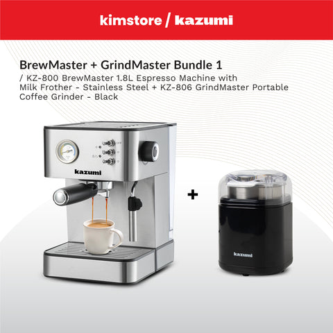 BUNDLE: Kazumi BrewMaster Espresso Machine with Milk Frother + Kazumi GrindMaster Coffee Grinder