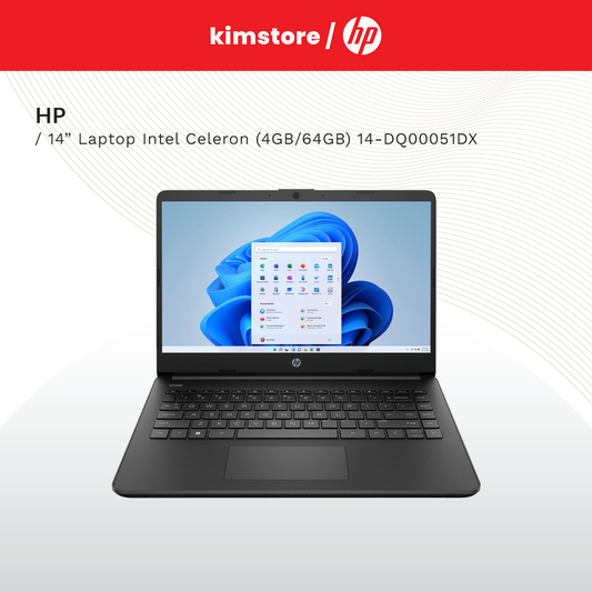 HP 14" Laptop Intel Celeron 4gb/64gb eMMC Win11 14-dq0051dx Jet Black