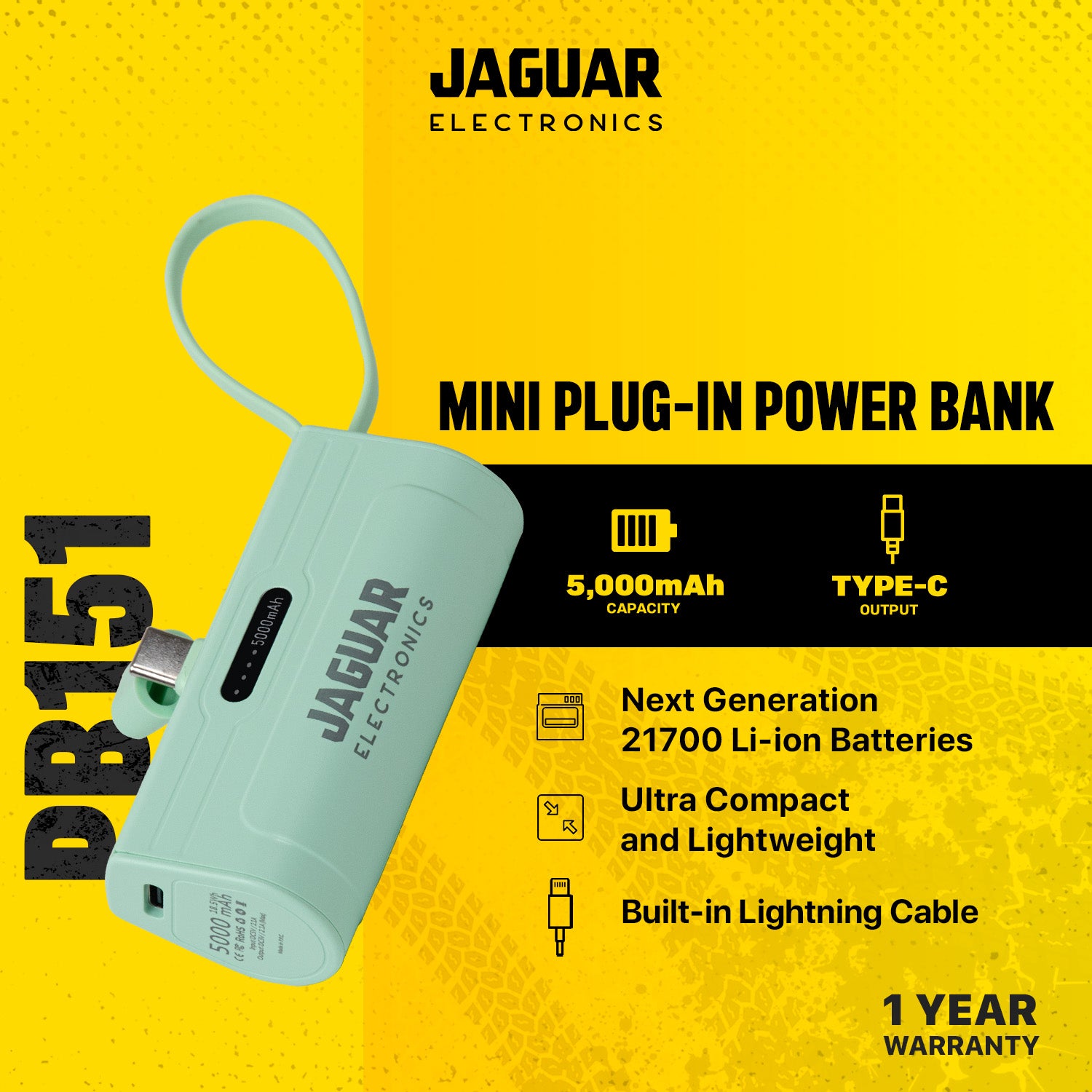 jaguar electronics pb151 mini plug in power bank 5000mah type c green