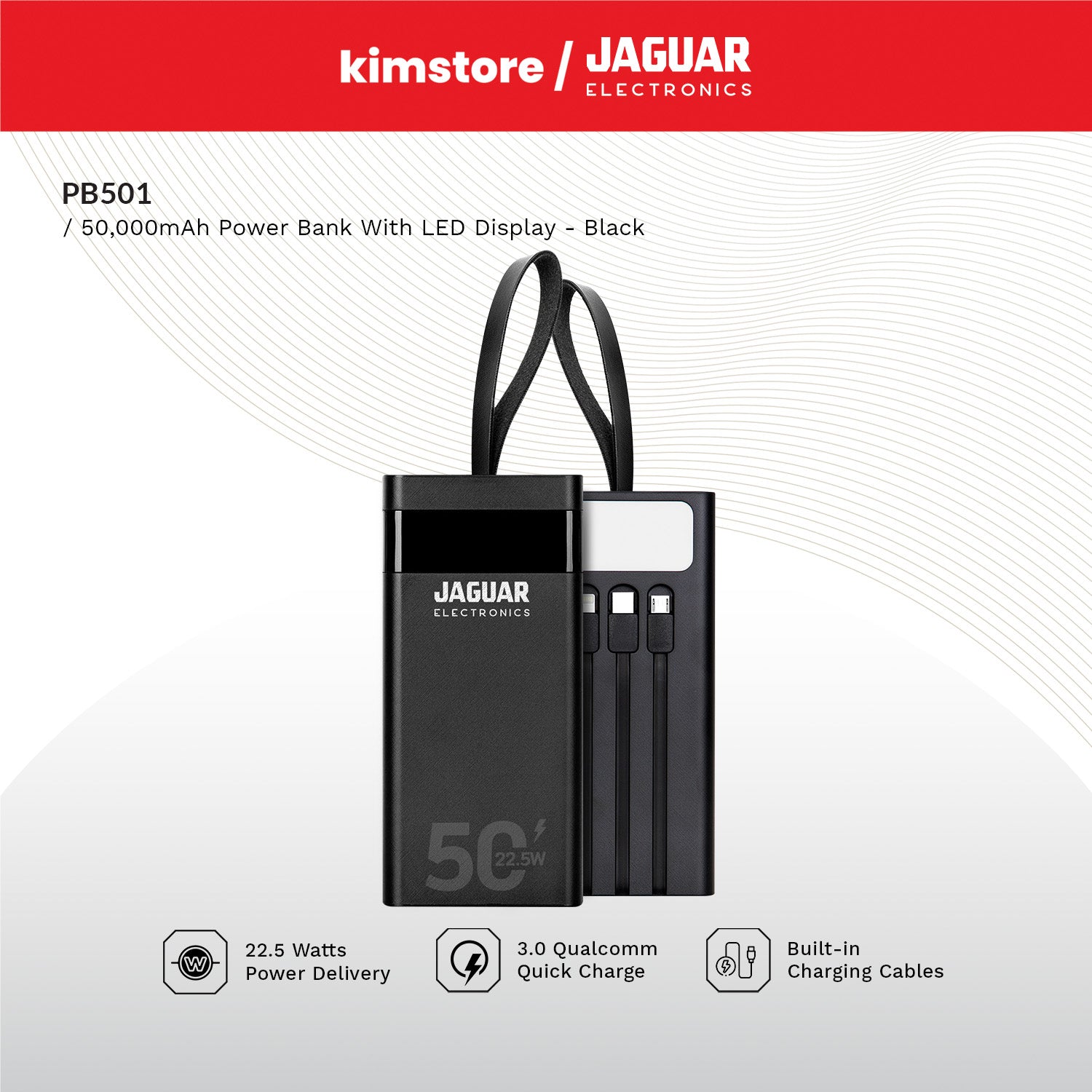 jaguar electronics pb501 50000mah qc3.0 + pd digital display power bank 22.5w black