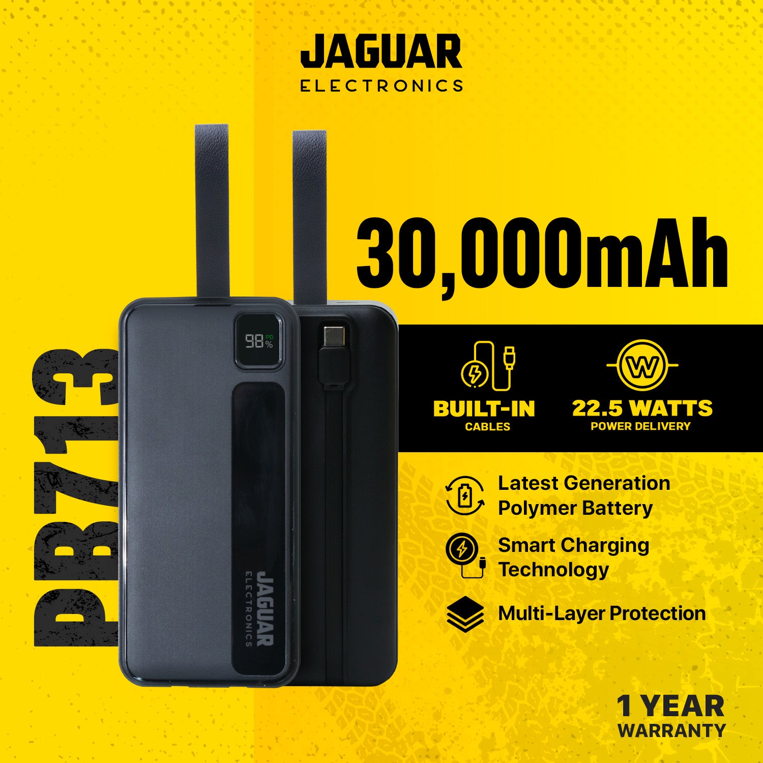 jaguar electronics pb713 power bank with built in cables 22.5w pd/qc 3.0 30000mah black