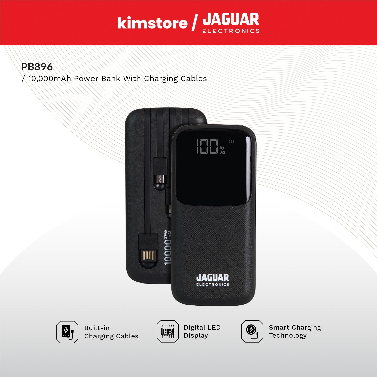 jaguar electronics pb896 10000mah power bank with charging cable black