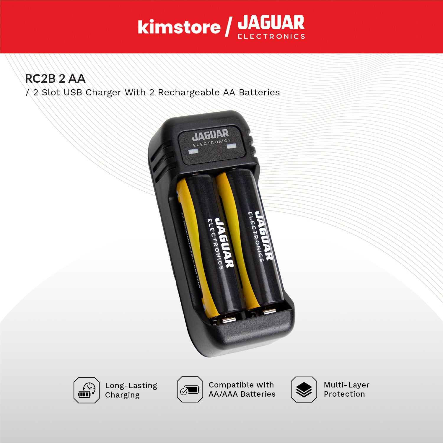 jaguar electronics rc2b 2 slot usb charger with 2 rechargeable aaa batteries black