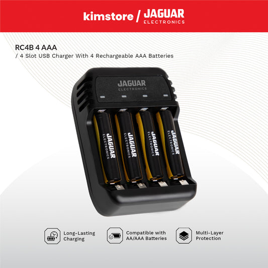 Jaguar Electronics RC4B 4-Slot USB Charger with 4 Rechargeable Batteries