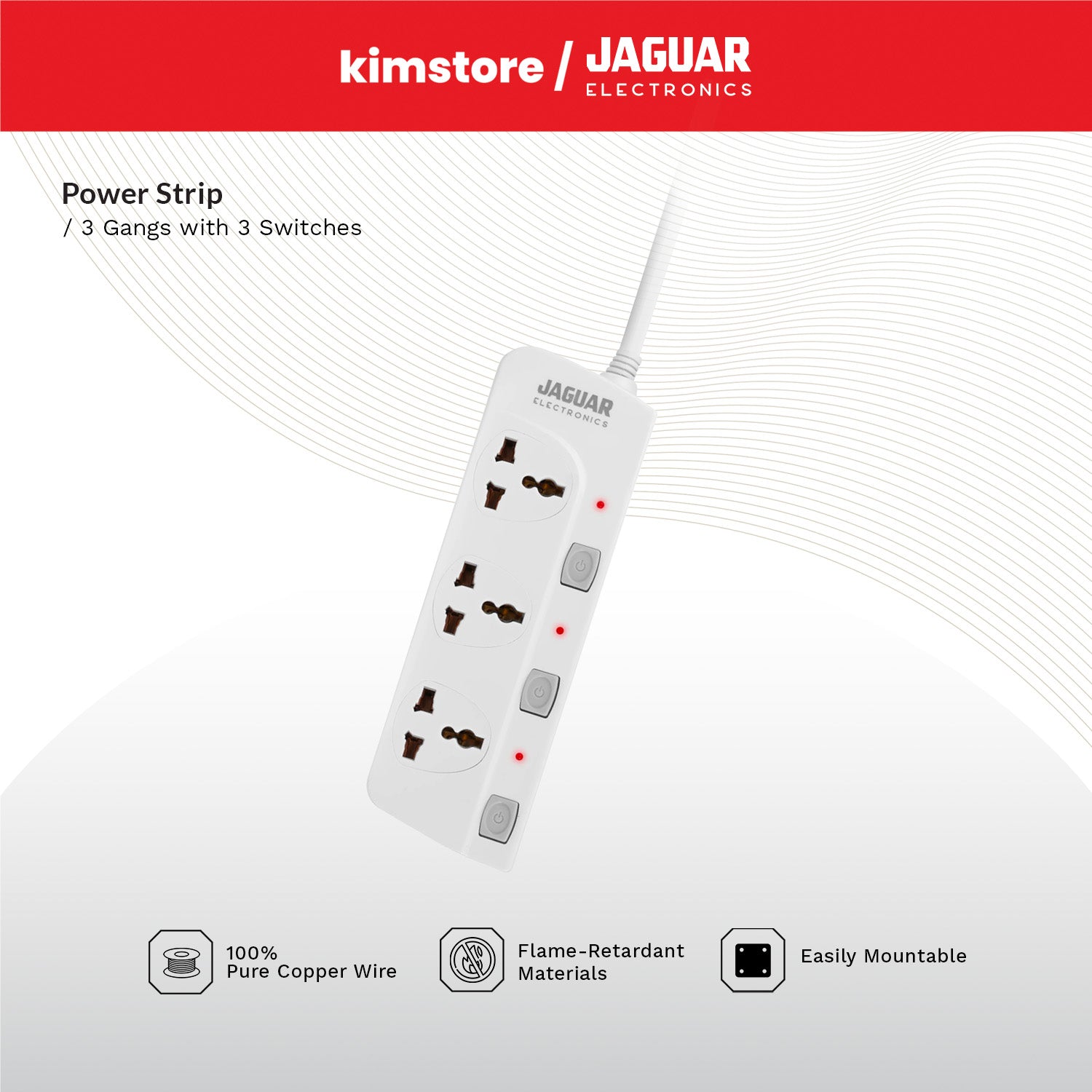 [buy 1 get 1] jaguar electronics ps 33gs power strip 3 gang with 3 switches white