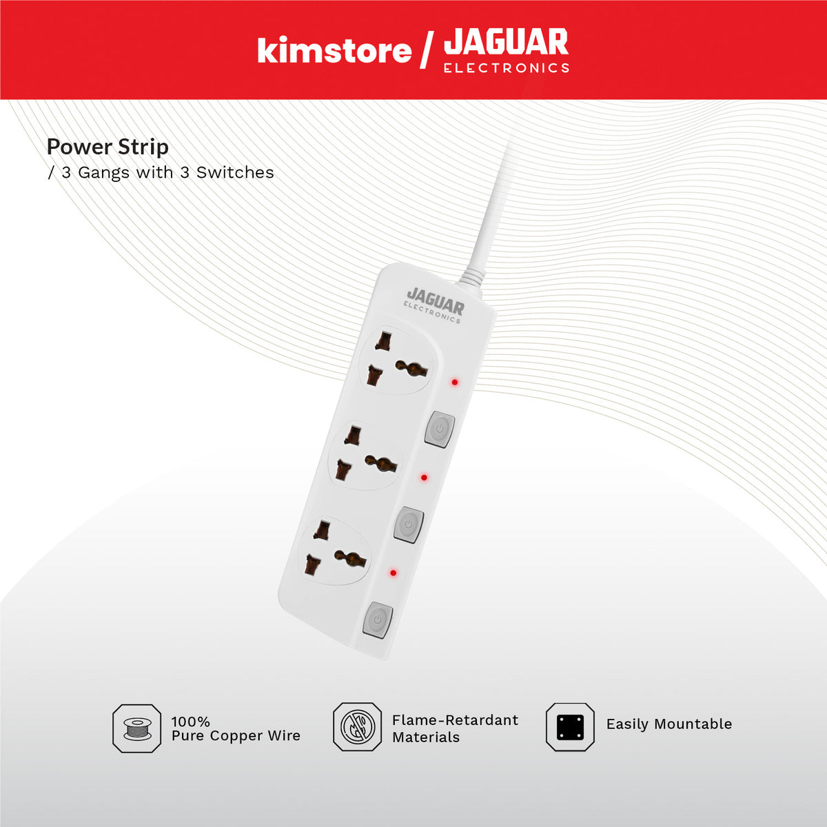 Jaguar Electronics PS-33GS Power Strip 3-Gang with 3 Switches