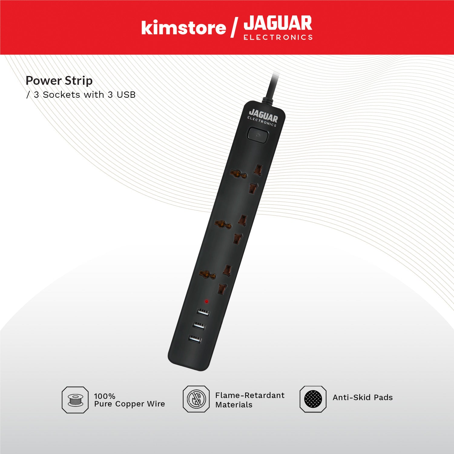 [buy 1 get 1] jaguar electronics ps 33sa power strip with 3 sockets, 3 usb black