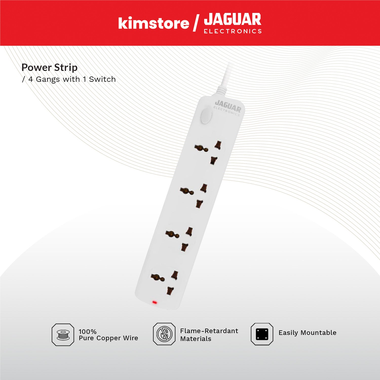 [buy 1 get 1] jaguar electronics ps 41gs power strip 4 gang with 1 switch white