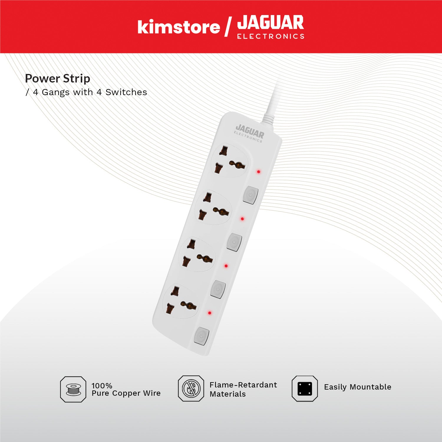 Jaguar Electronics PS-44GS Power Strip 4-Gang with 4 Switches