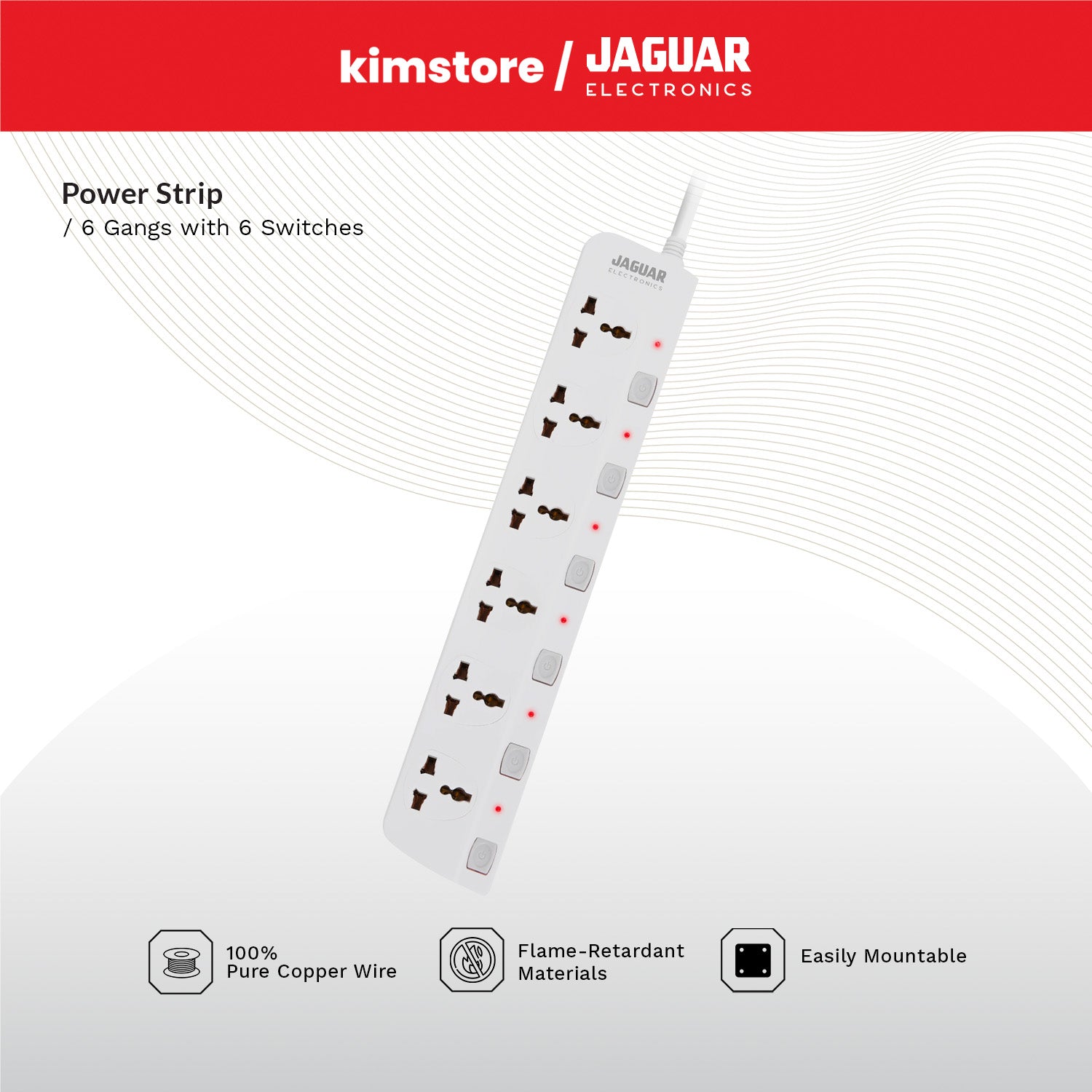 [buy 1 get 1] jaguar electronics ps 66gs power strip 6 gang with 6 switches white