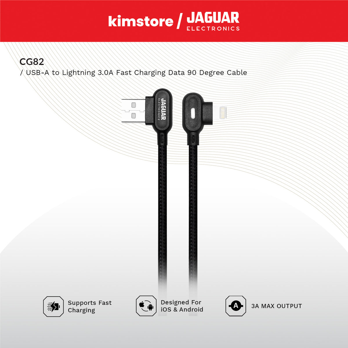 Jaguar Electronics CG82 3.0A 2 Meters Fast Charging Data 90 Degree Cable