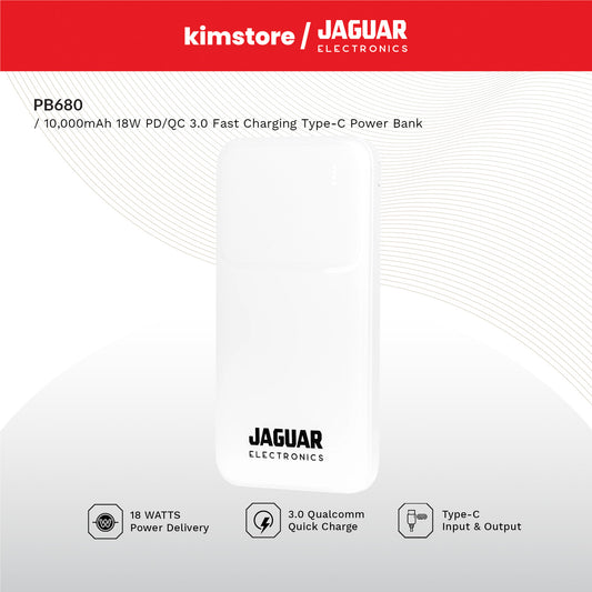 Jaguar Electronics PB680 V2 10000mAh Power Bank 18W PD/QC 3.0 Fast Charging