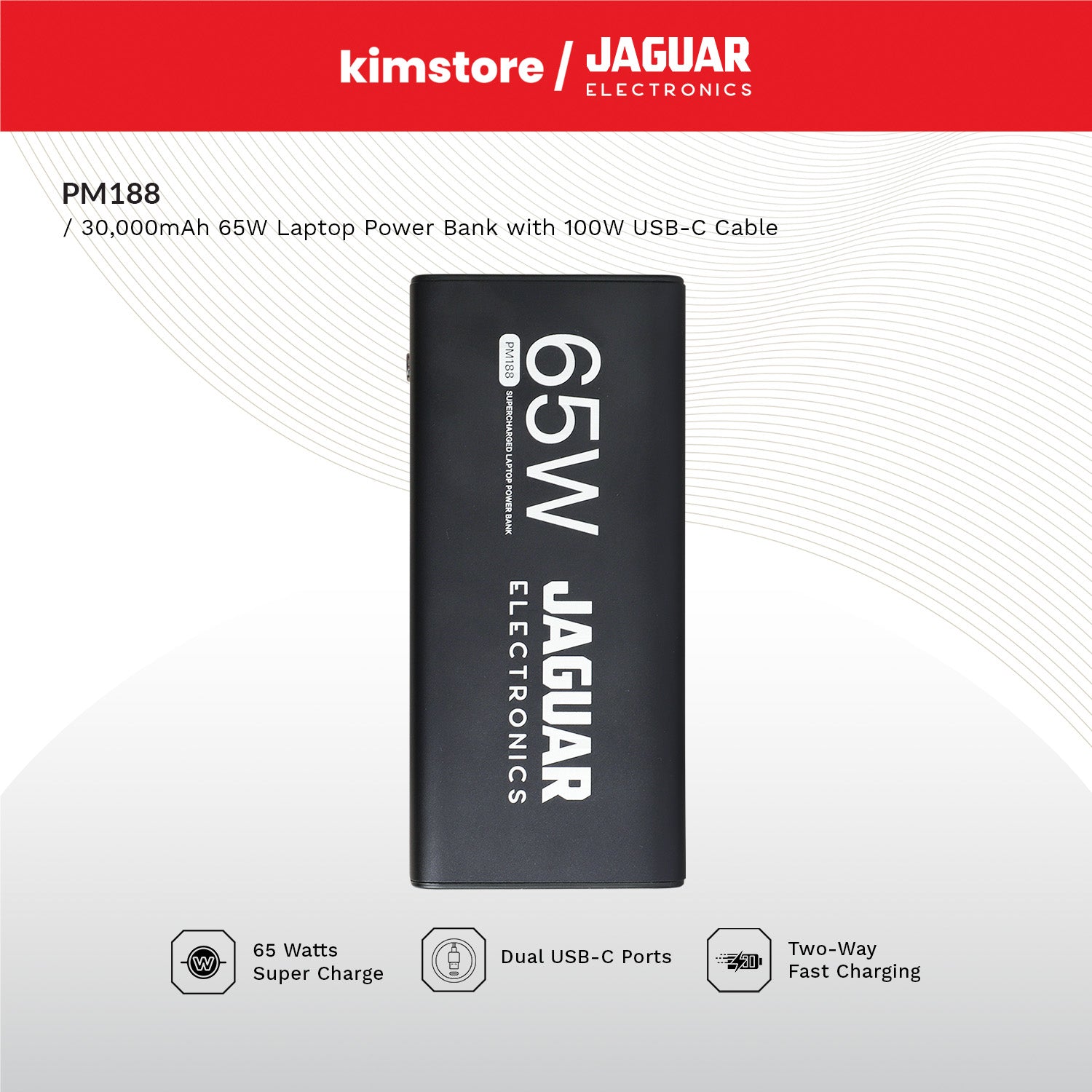 jaguar electronics laptop power bank pm188 pd 65w 30000mah with 100w usb c cable black
