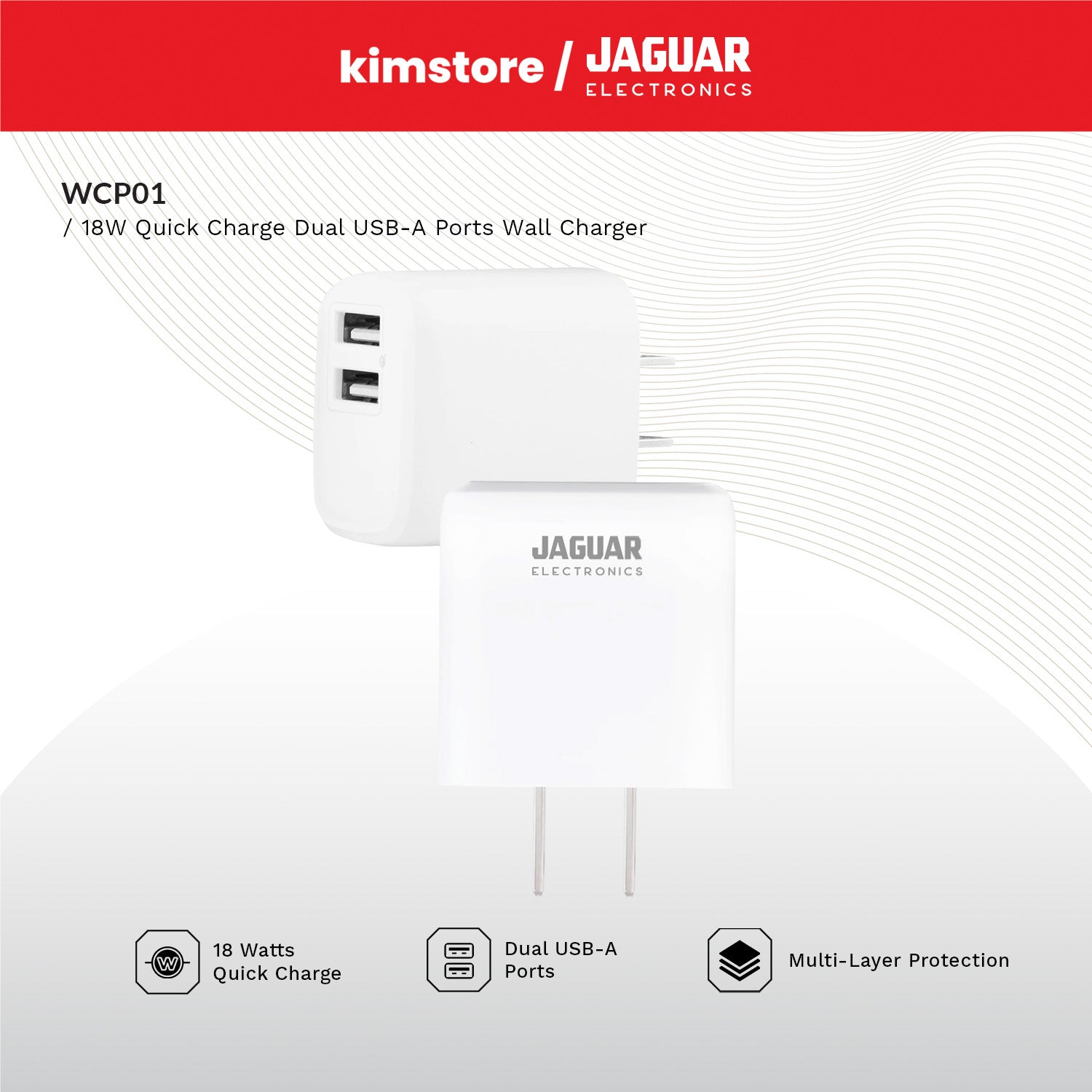 jaguar electronics wcp01 wall charger 18w quick charge dual usb a ports white