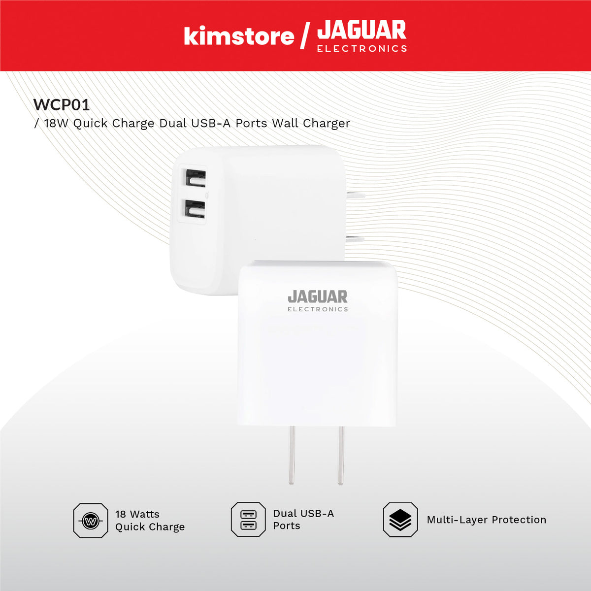 Jaguar Electronics WCP01 Wall Charger 18W Quick Charge Dual USB-A Ports