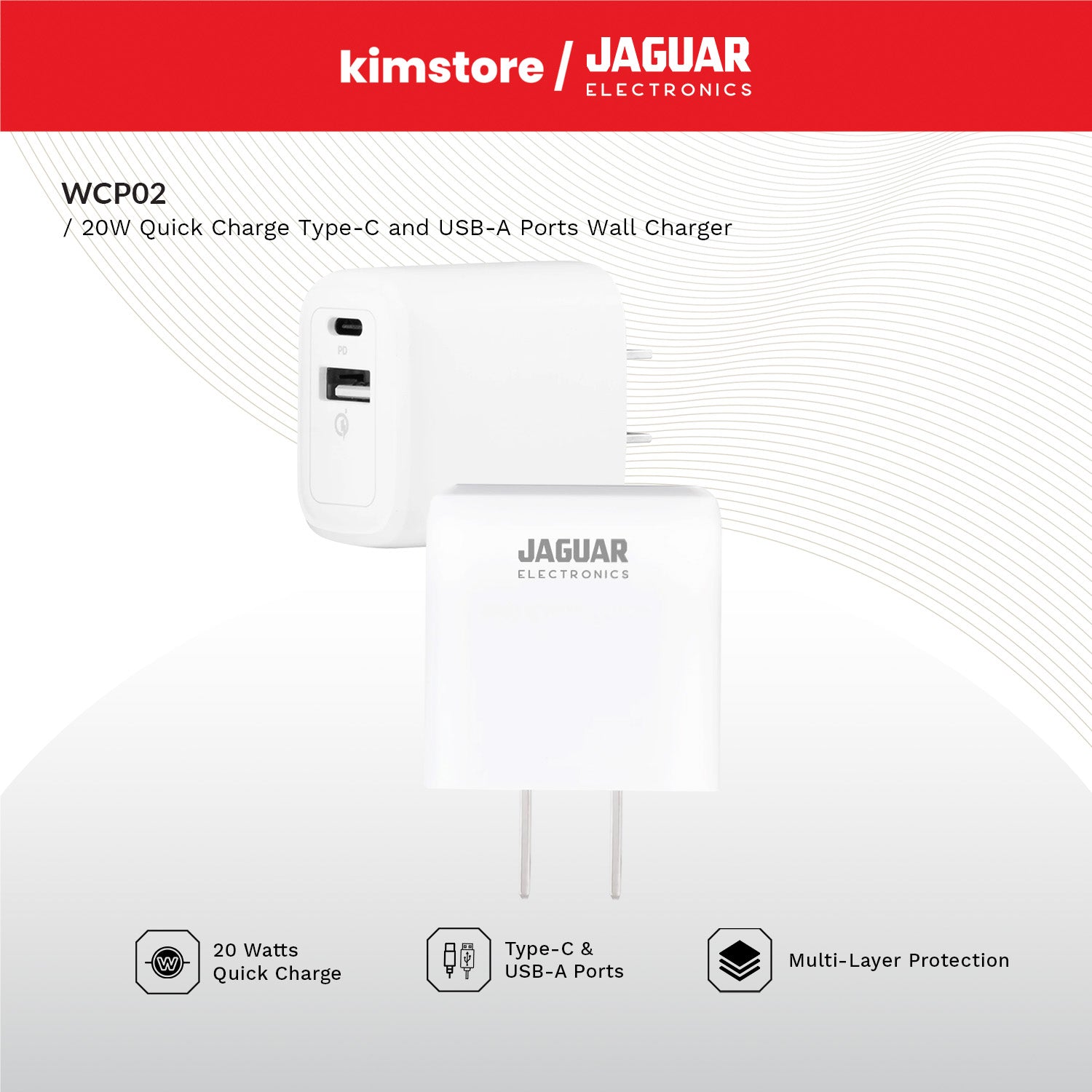 jaguar electronics wcp02 wall charger 20w quick charge type c and usb a ports white