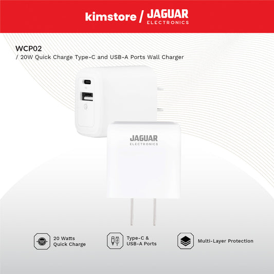 Jaguar Electronics WCP02 Wall Charger 20W Quick Charge Type-C and USB-A Ports