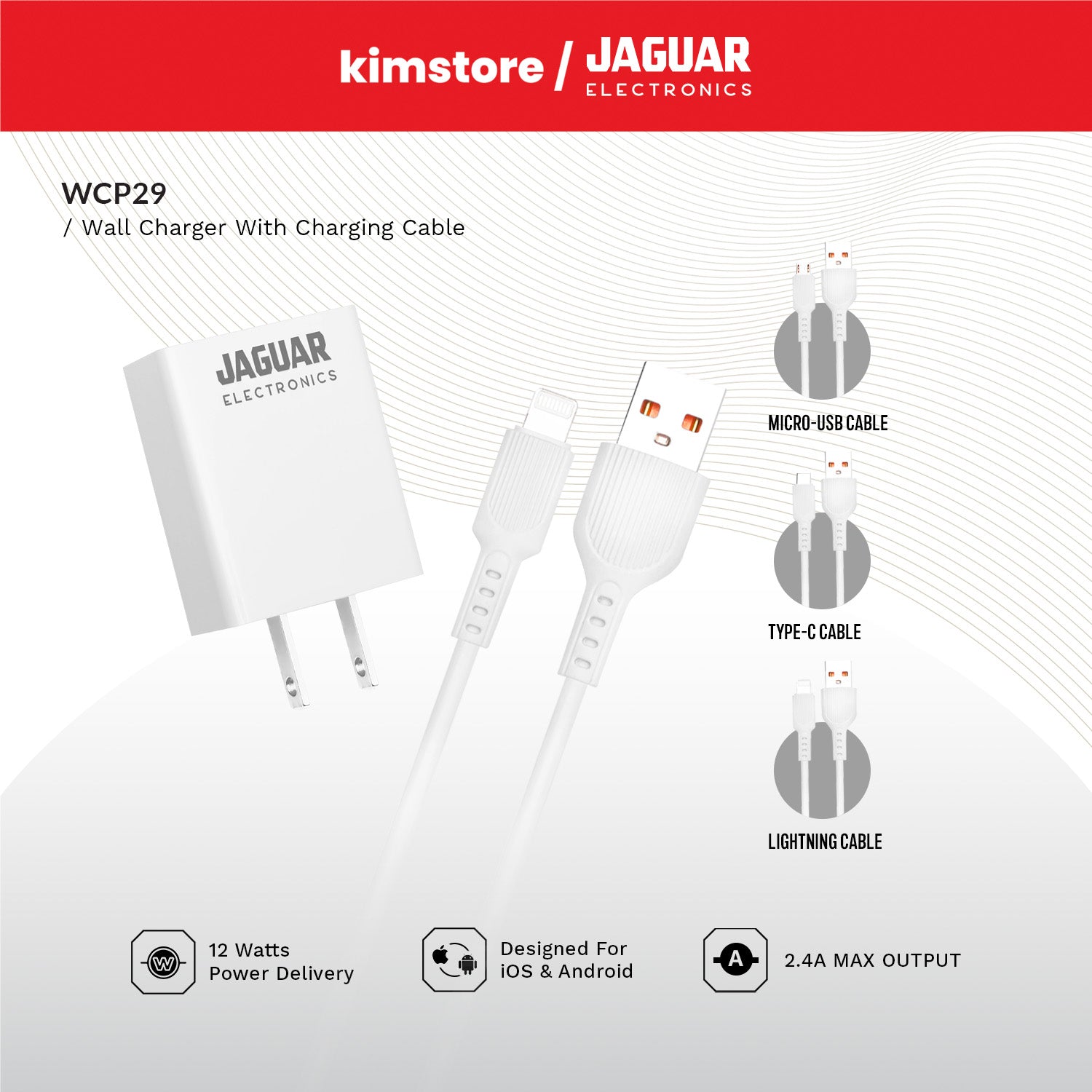 jaguar electronics wcp29 2.4a wall charger with charging cable for type c white