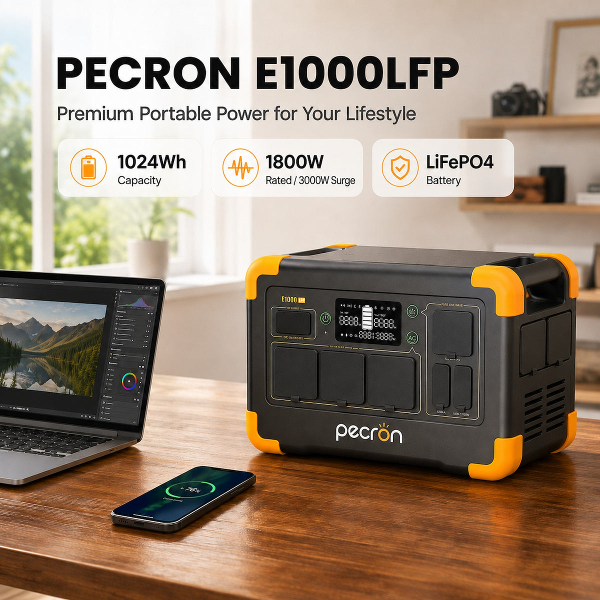 Pecron E1000LFP 1024Wh/1800W Portable Power Station with 5 AC Outlets